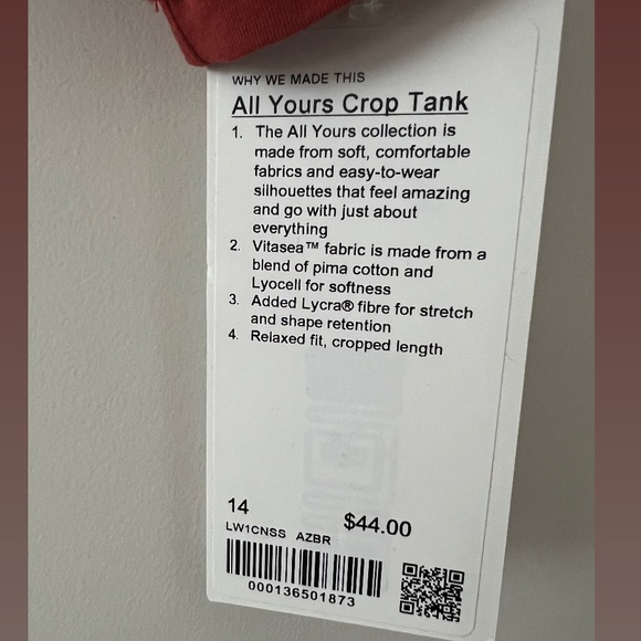 Lululemon | All Yours Crop Tank | Aztec Brick | size 14 | NWT - Picture 6 of 6